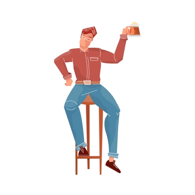 Beer bar set flat composition with isolated character of sitting male guest with beer mug vector illustration