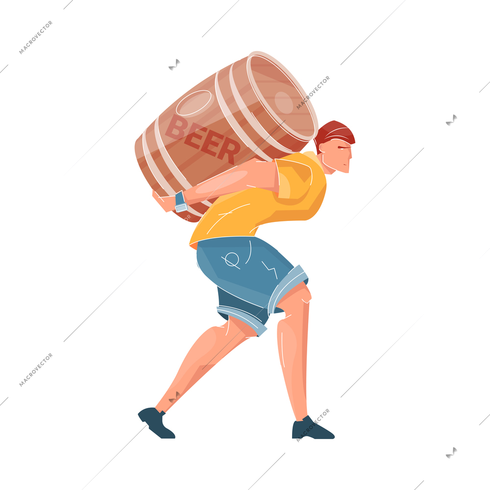 Beer bar set flat composition with character of bartender carrying keg on his back vector illustration