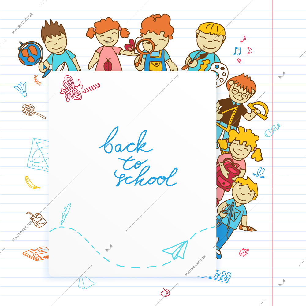 Decorative kids back to school  poster with kids look out banner sketch doodle vector illustration