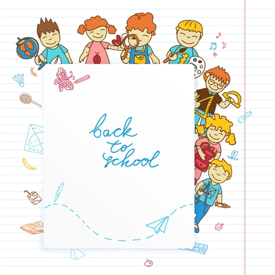 Decorative kids back to school  poster with kids look out banner sketch doodle vector illustration