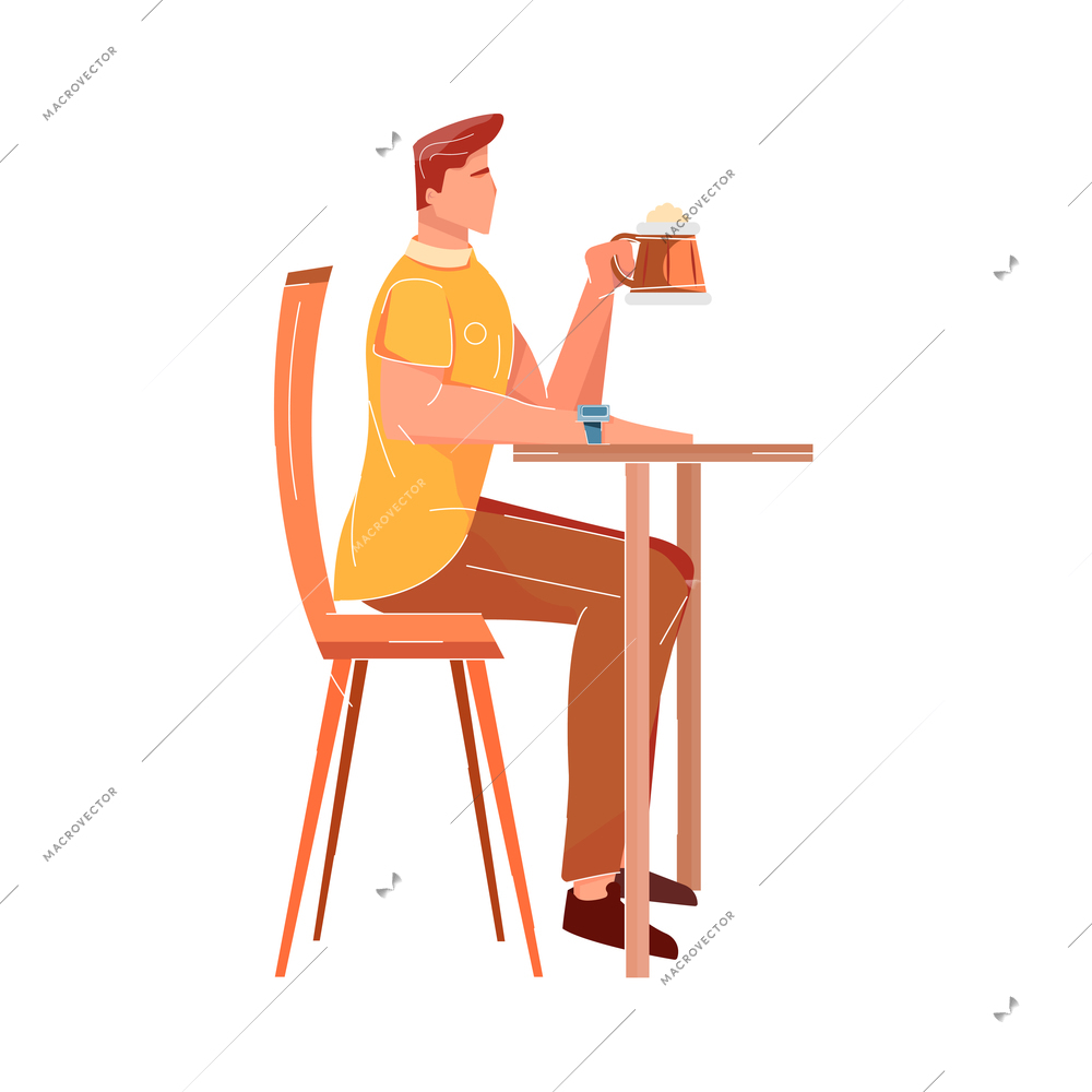 Beer bar set flat composition with male character of guest sitting at table drinking beer vector illustration