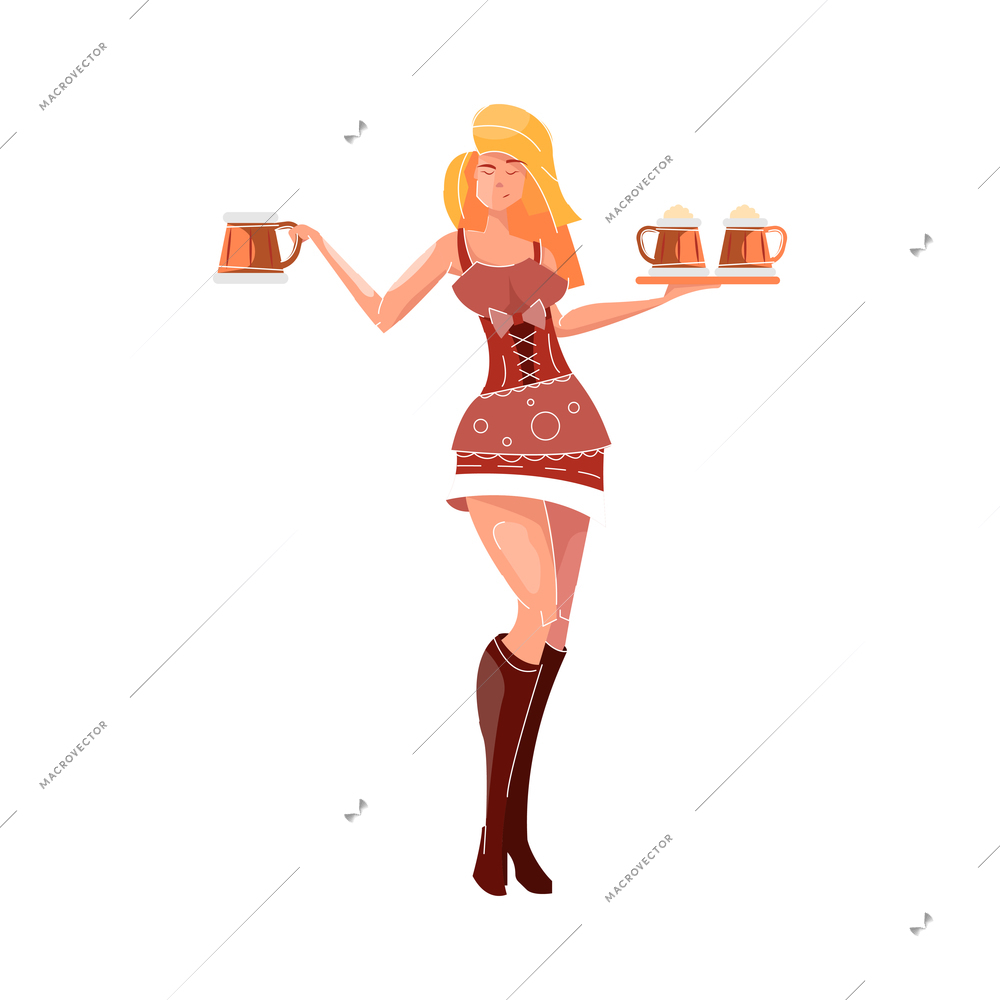 Beer bar set flat composition with isolated character of pretty female waiter with beer mugs vector illustration