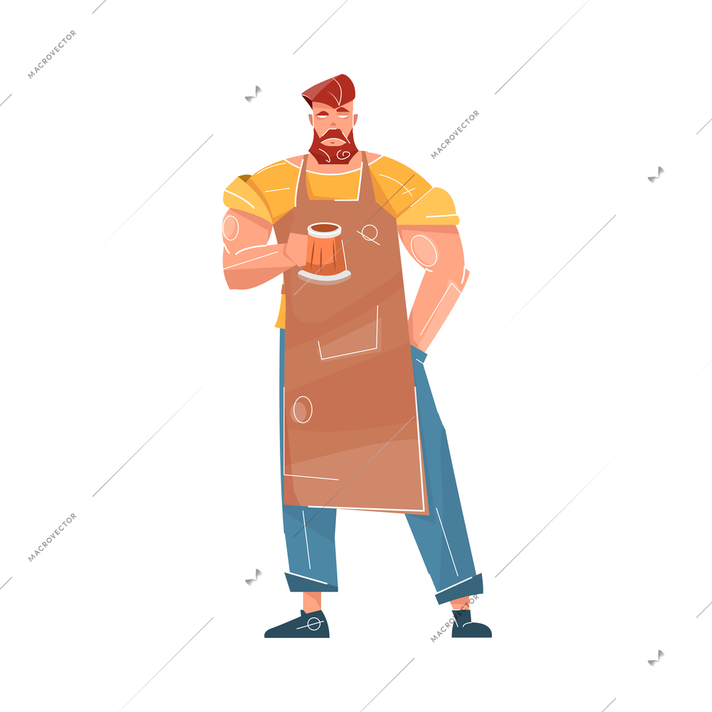 Beer bar set flat composition with character of barbed man with bartender holding mug vector illustration