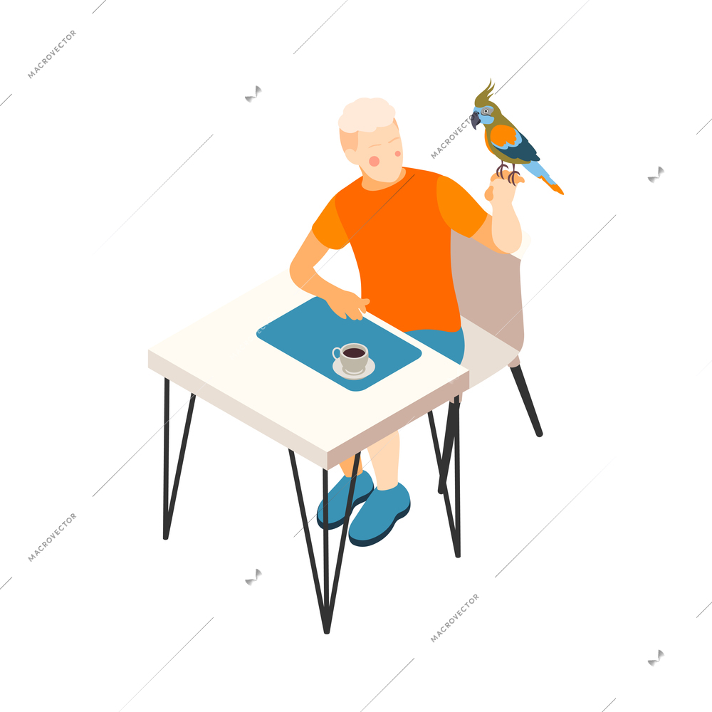 Contact zoo contact farm zoocafe isometric icons composition with male character sitting at table with parrot vector illustration