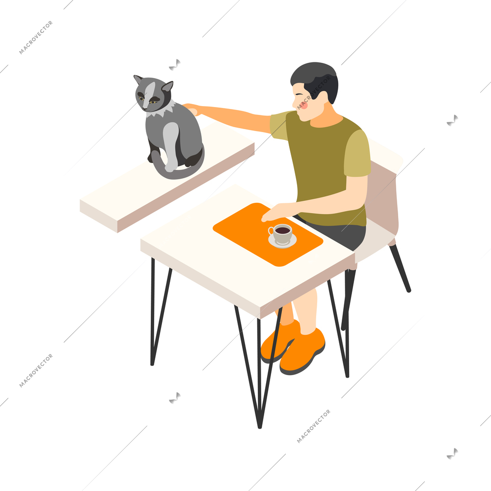 Contact zoo contact farm zoocafe isometric icons composition with man drinking coffee and touching cat vector illustration