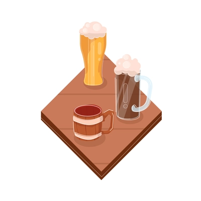 Beer bar set flat composition with set of light and dark beer glasses on square table vector illustration