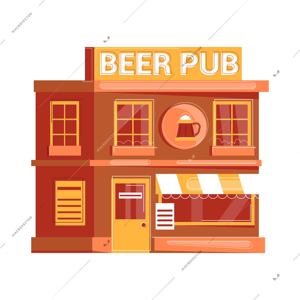 Beer bar set flat composition with front view of two storey pub building with signboard vector illustration