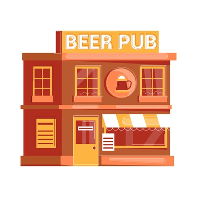 Beer bar set flat composition with front view of two storey pub building with signboard vector illustration