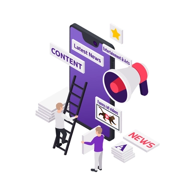 Journalists reporters news media isometric composition with people constructing mobile news portal with content blocks vector illustration