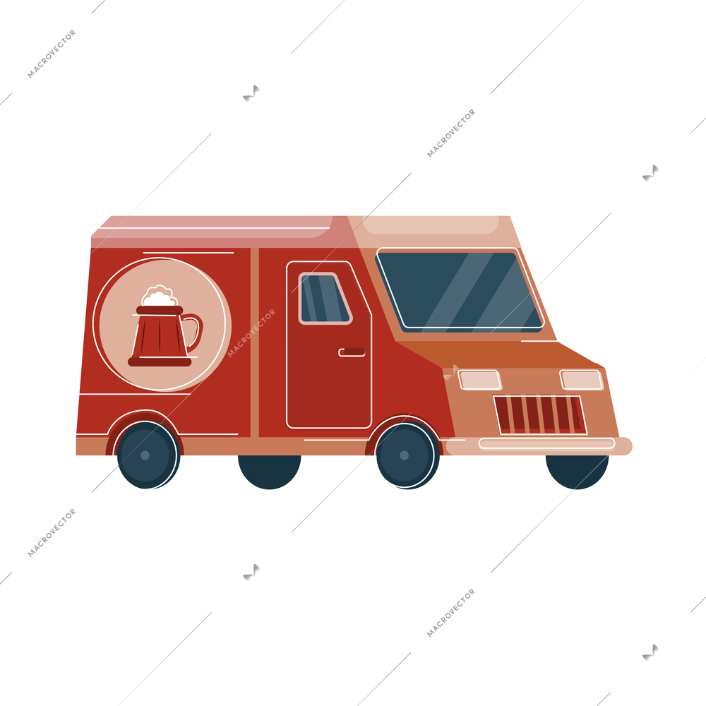 Beer bar set flat composition with isolated image of van branded with beer mug vector illustration