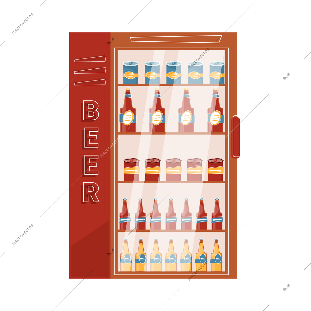 Beer bar set flat composition with front view of vending machine with bottles and cans vector illustration