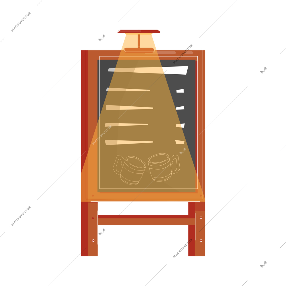 Beer bar set flat composition with wooden stand with chalkboard menu and lamp ray vector illustration