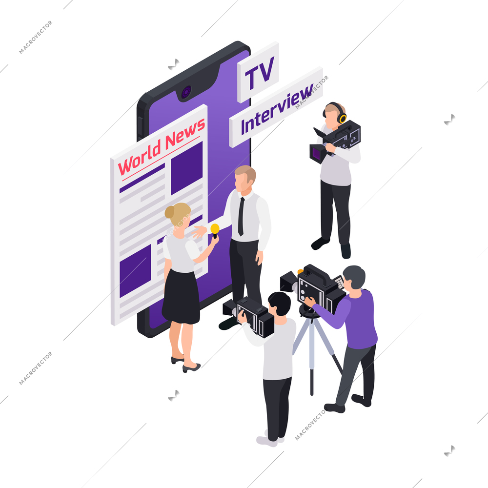 Journalists reporters news media isometric composition with smartphone and shooting crew with cameras and interviewer vector illustration