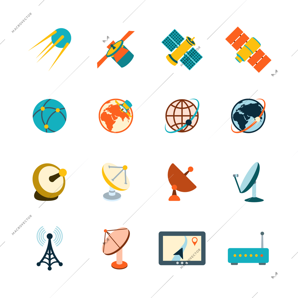 Spacecraft solar panels power satellite navigation global position system technology pictograms collection flat abstract isolated vector illustration