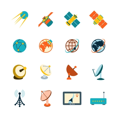 Spacecraft solar panels power satellite navigation global position system technology pictograms collection flat abstract isolated vector illustration