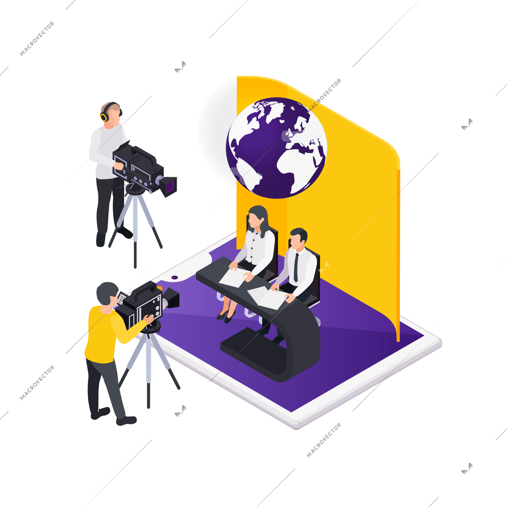 Journalists reporters news media isometric composition with characters of hosts in studio with camera operators vector illustration