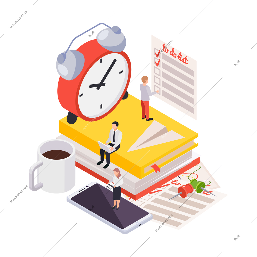 Time management planning schedule isometric composition with alarm clock image standing on stack of notebooks with people vector illustration