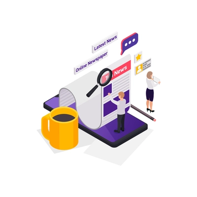 Journalists reporters news media isometric composition with characters of newsmakers with feed and smartphone vector illustration