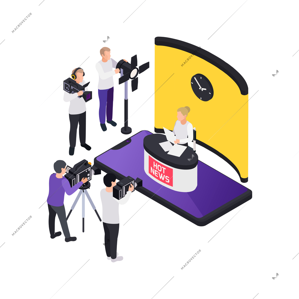 Journalists reporters news media isometric composition with view of television studio with female host and technical crew vector illustration