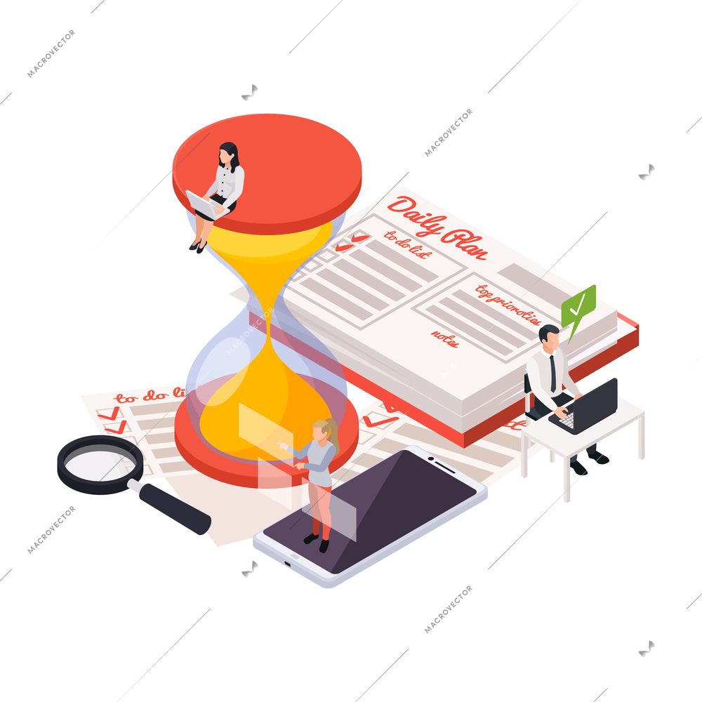 Time management planning schedule isometric composition with characters of task managers with hand lens sand glass icons vector illustration