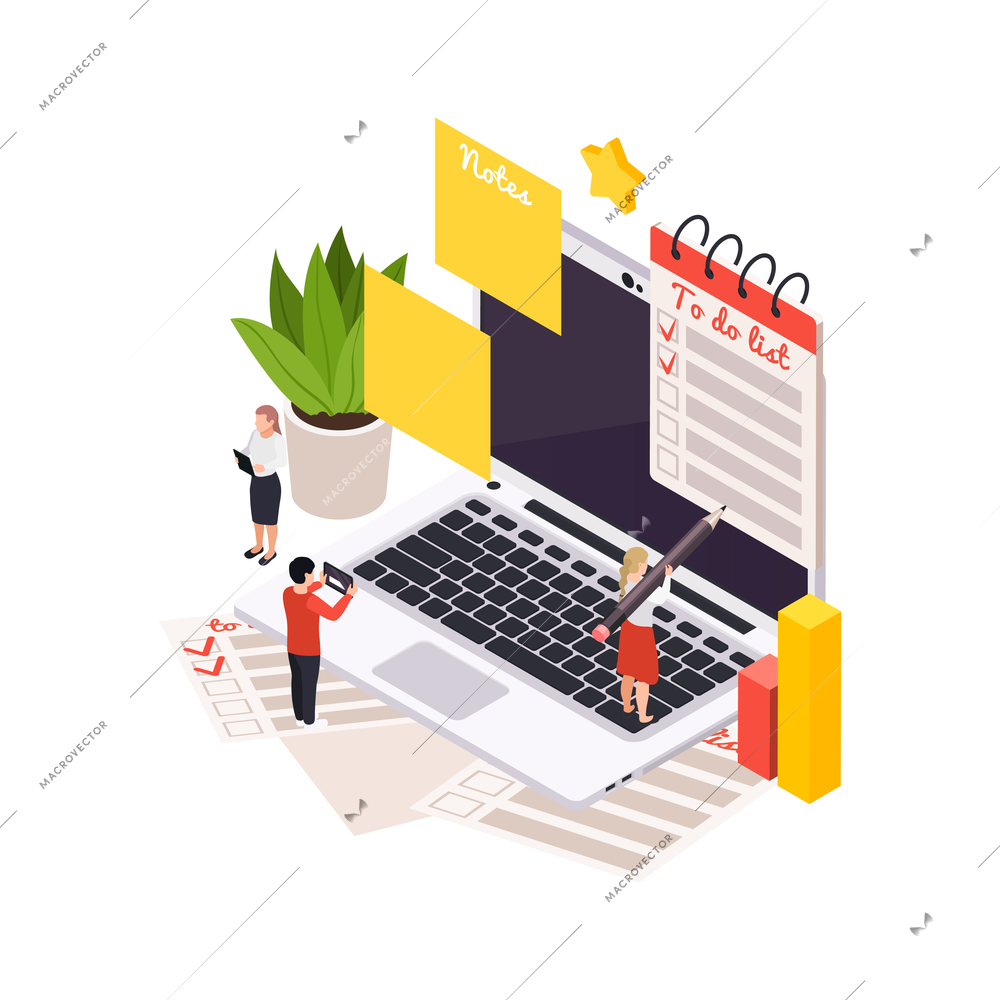 Time management planning schedule isometric composition with icons of sticky notes and to do list with laptop vector illustration