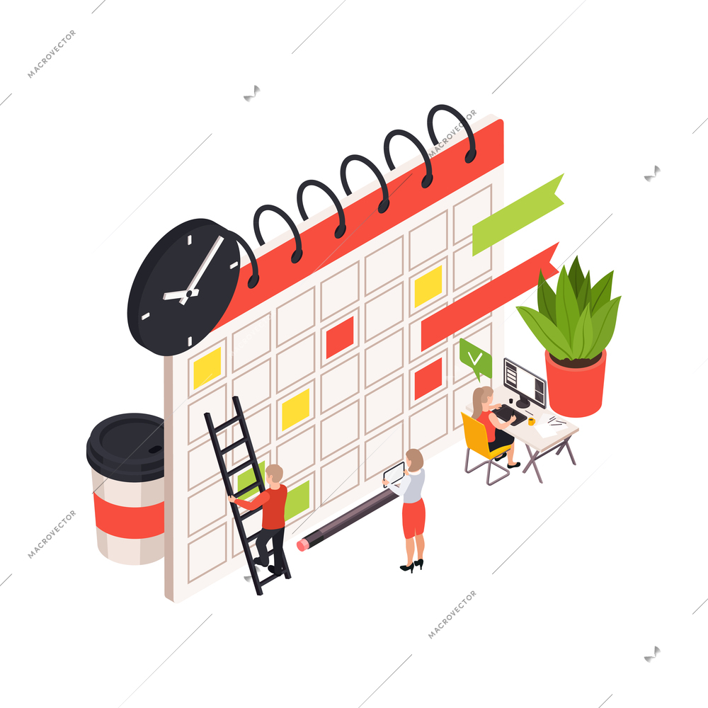 Time management planning schedule isometric composition with calendar colourful marks and people with workspace elements vector illustration