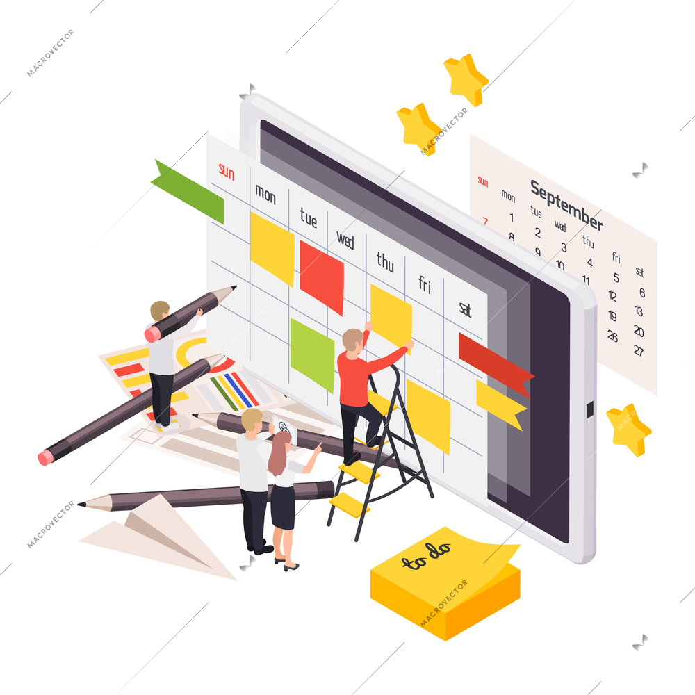 Time management planning schedule isometric composition with tablet screens and people with calendar sticky notes vector illustration