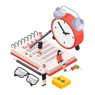 Time management planning schedule isometric composition with small characters of women with to do list vector illustration