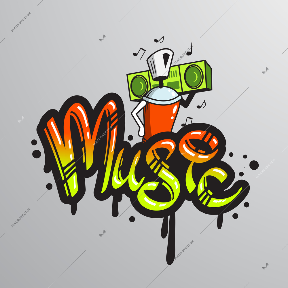 Graffiti spray can character element with player music notes word drippy font text sample grunge vector illustration