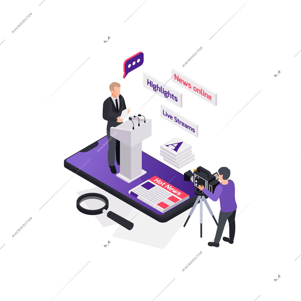 Journalists reporters news media isometric composition with politician talking from tribune with cameraman and smartphone vector illustration