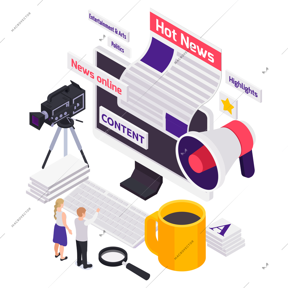 Journalists reporters news media isometric composition with workplace elements desktop computer and content blocks vector illustration