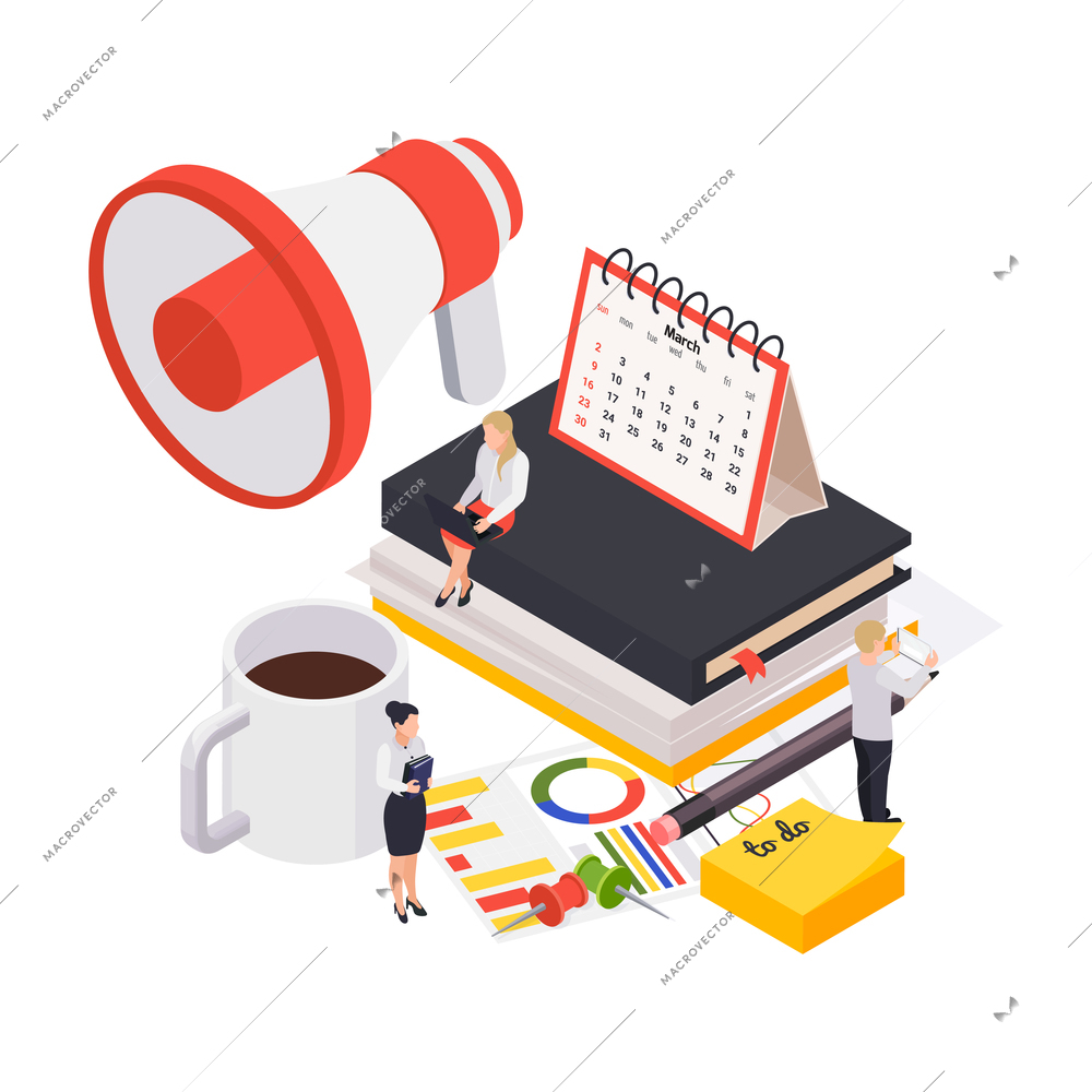 Time management planning schedule isometric composition with characters of secretary and megaphone with calendar and notebooks vector illustration