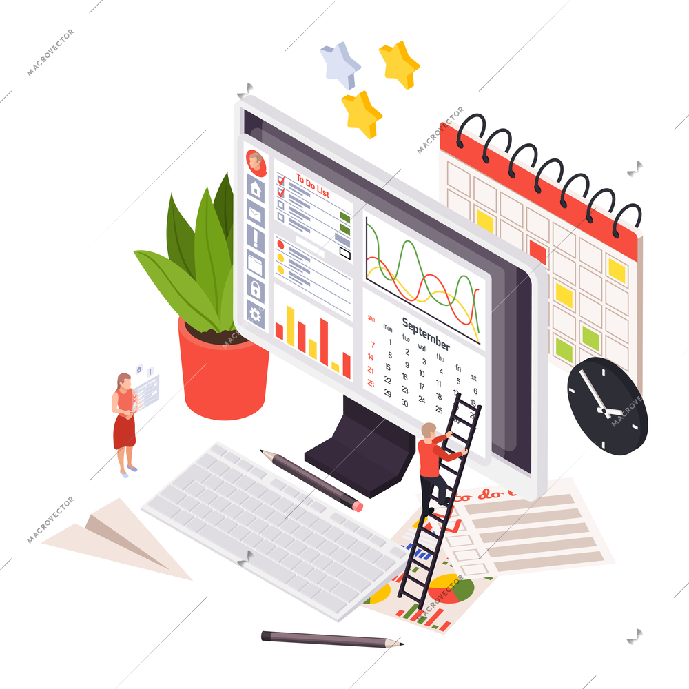 Time management planning schedule isometric composition with computer planning app with graphs and calendar pictograms vector illustration