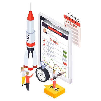 Time management planning schedule isometric composition with icons of tablet with to do list rocket and people vector illustration