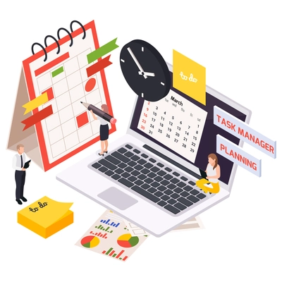 Time management planning schedule isometric composition with small human characters and laptop calendar and sticky notes icons vector illustration