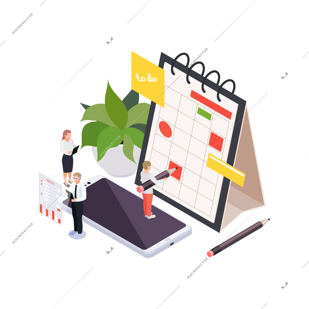 Time management planning schedule isometric composition with people with pencils and desktop calendar with smartphone vector illustration