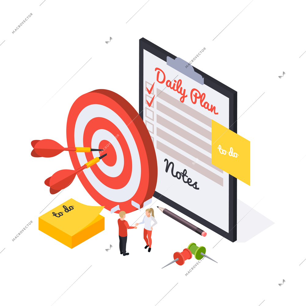 Time management planning schedule isometric composition with icons of target with arrows and daily plan paper vector illustration