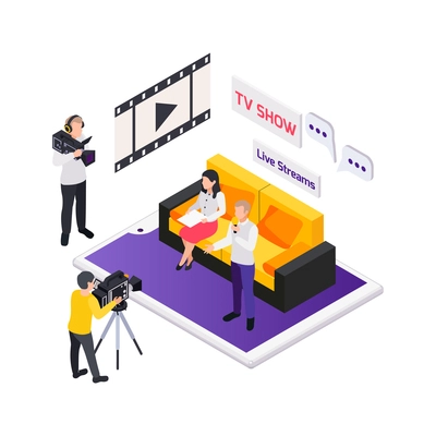 Journalists reporters news media isometric composition with characters of talk show host guest on sofa and cameramen vector illustration