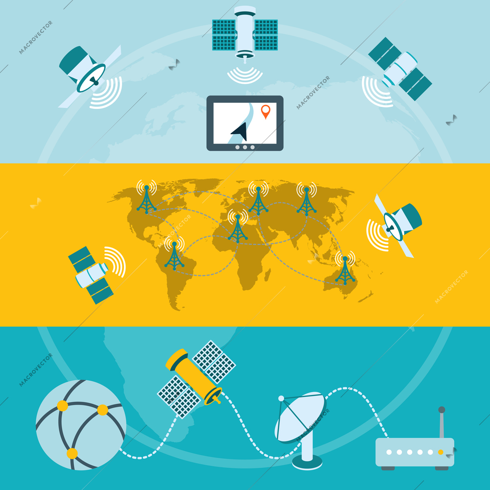 Satellite icons composition of global navigation ground stations and dish communication technology banners flat isolated vector illustration