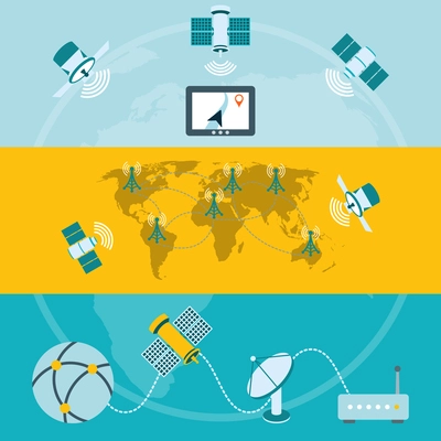 Satellite icons composition of global navigation ground stations and dish communication technology banners flat isolated vector illustration