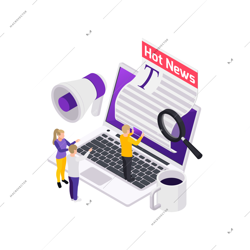 Journalists reporters news media isometric composition with laptop and flexible newspaper with human characters vector illustration