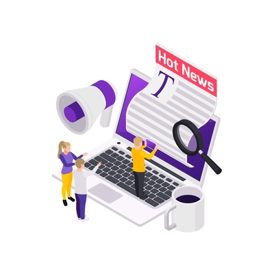 Journalists reporters news media isometric composition with laptop and flexible newspaper with human characters vector illustration