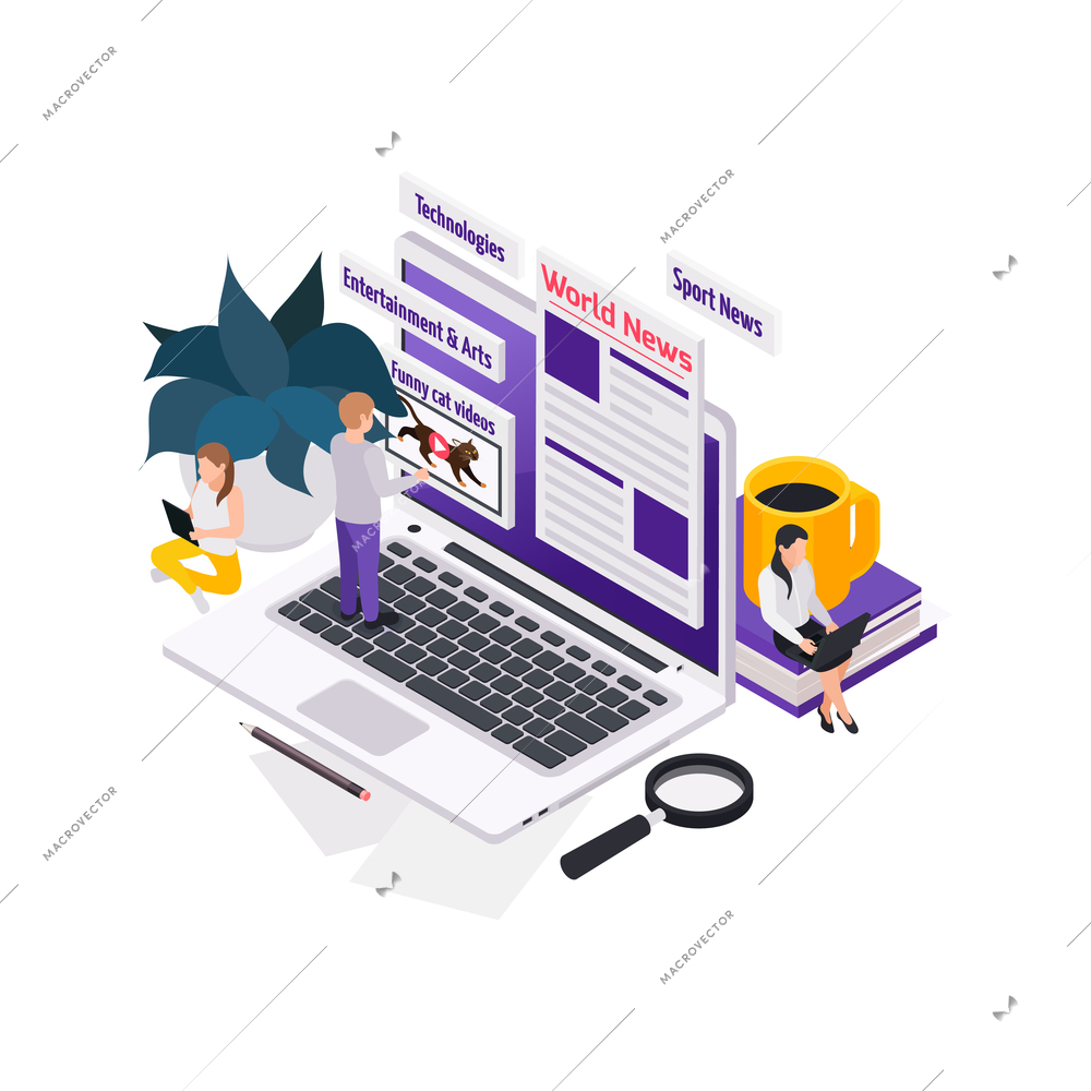 Journalists reporters news media isometric composition with images of laptop and portal categories with people vector illustration