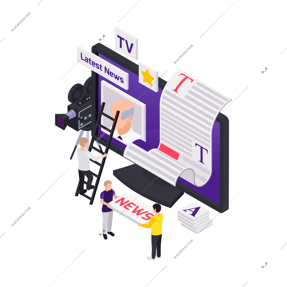 Journalists reporters news media isometric composition with computer display and people setting feed content blocks vector illustration