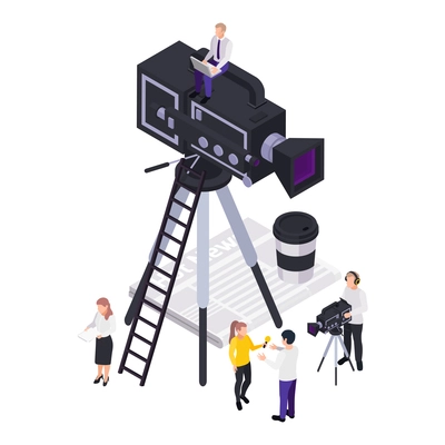 Journalists reporters news media isometric composition with video camera on tripod with small human characters and newspaper vector illustration