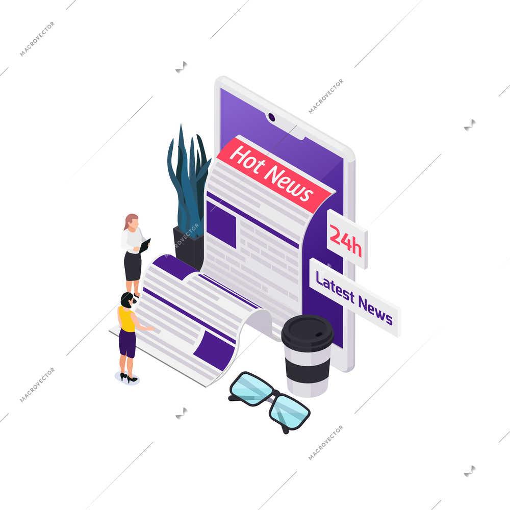 Journalists reporters news media isometric composition with paper feed and tablet with female human characters vector illustration