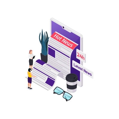 Journalists reporters news media isometric composition with paper feed and tablet with female human characters vector illustration