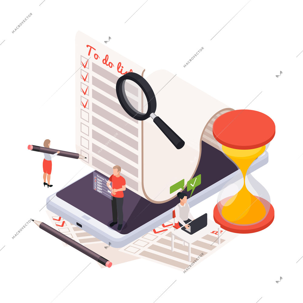 Time management planning schedule isometric composition with to do list paper reel smartphone and sand glass vector illustration