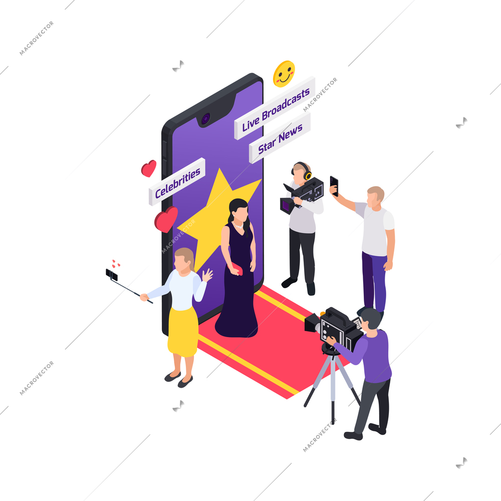 Journalists reporters news media isometric composition with red carpet and smartphone with star and emoticons vector illustration