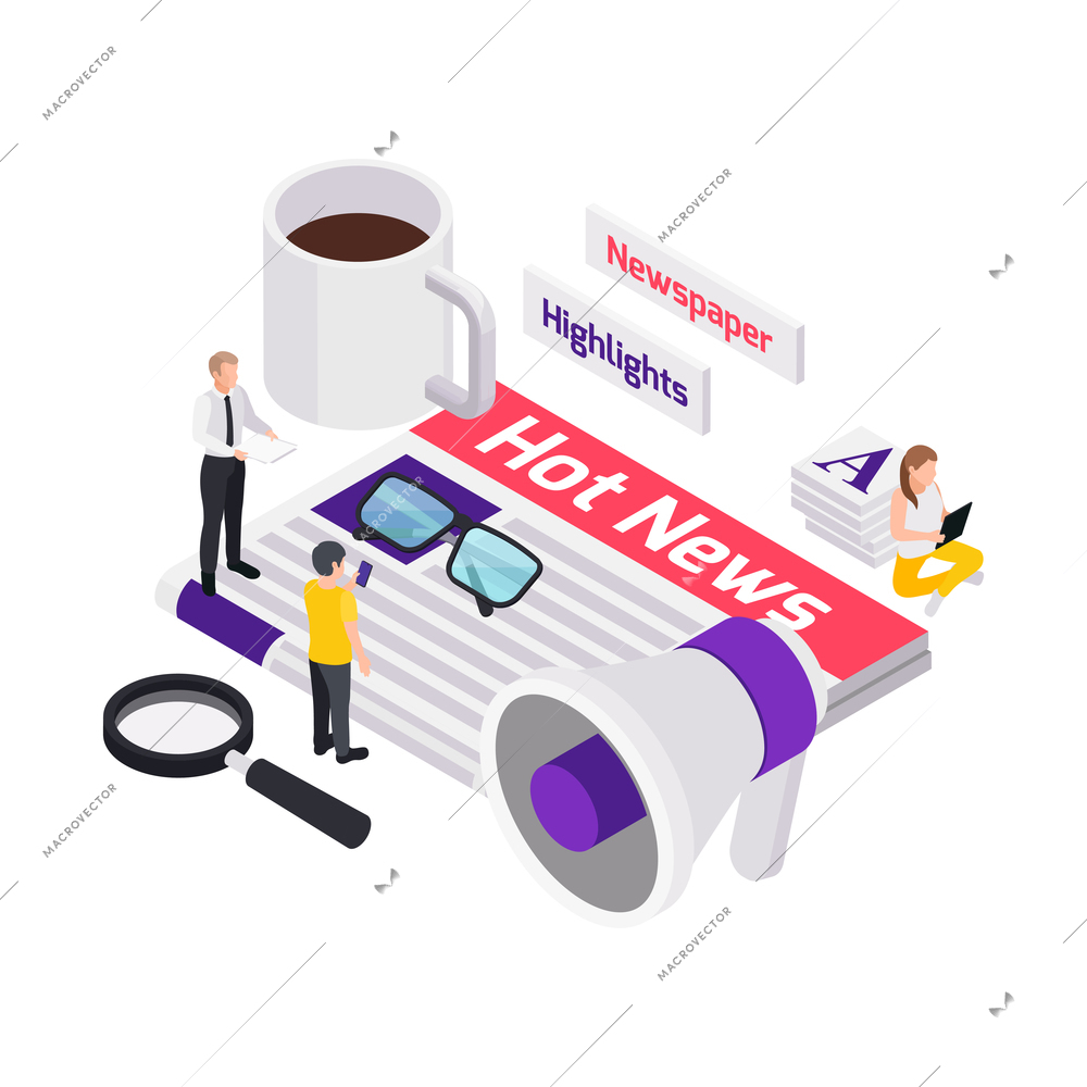 Journalists reporters news media isometric composition with images of megaphone and newspaper with hot news vector illustration